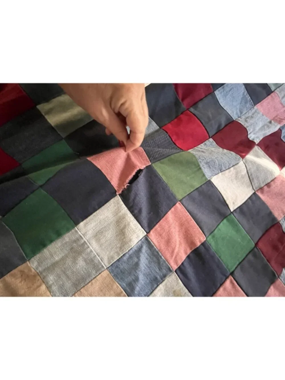 Unfinished Quilt Top Handmade Patchwork Denim Cutter Fixer Distressed 74”x60”